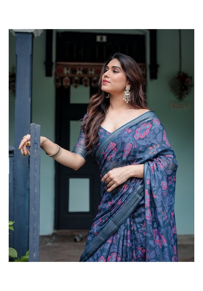 Malishka Export Blue Floral Linen Cotton Saree for Women - Image 5